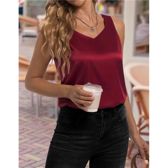 Women's Satin Tank Tops V Neck Wine Red - Picture 2 of 5